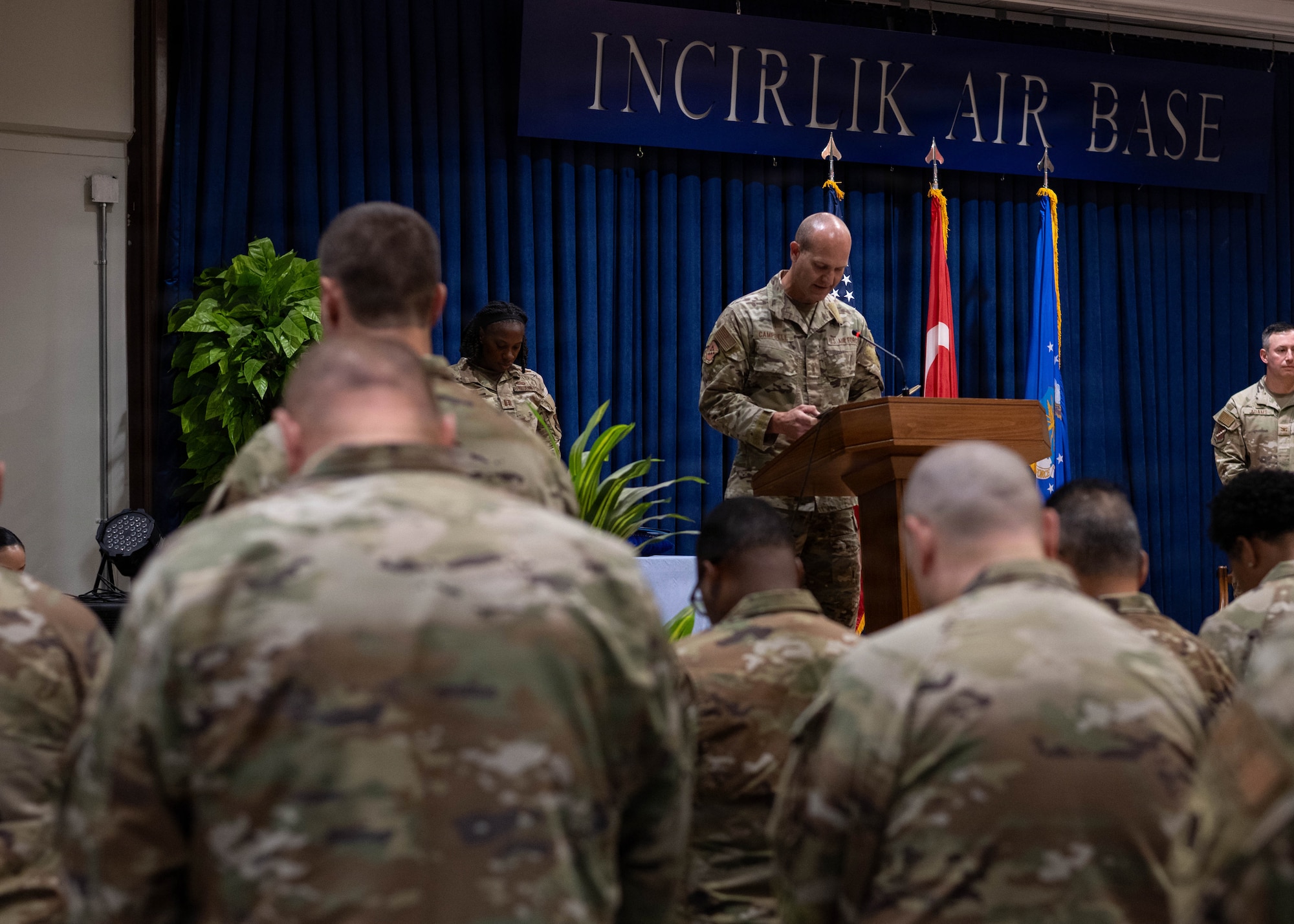 U.S. Air Force Capt. Matthew Campbell, 39th Air Base Wing chaplain, leads the invocation