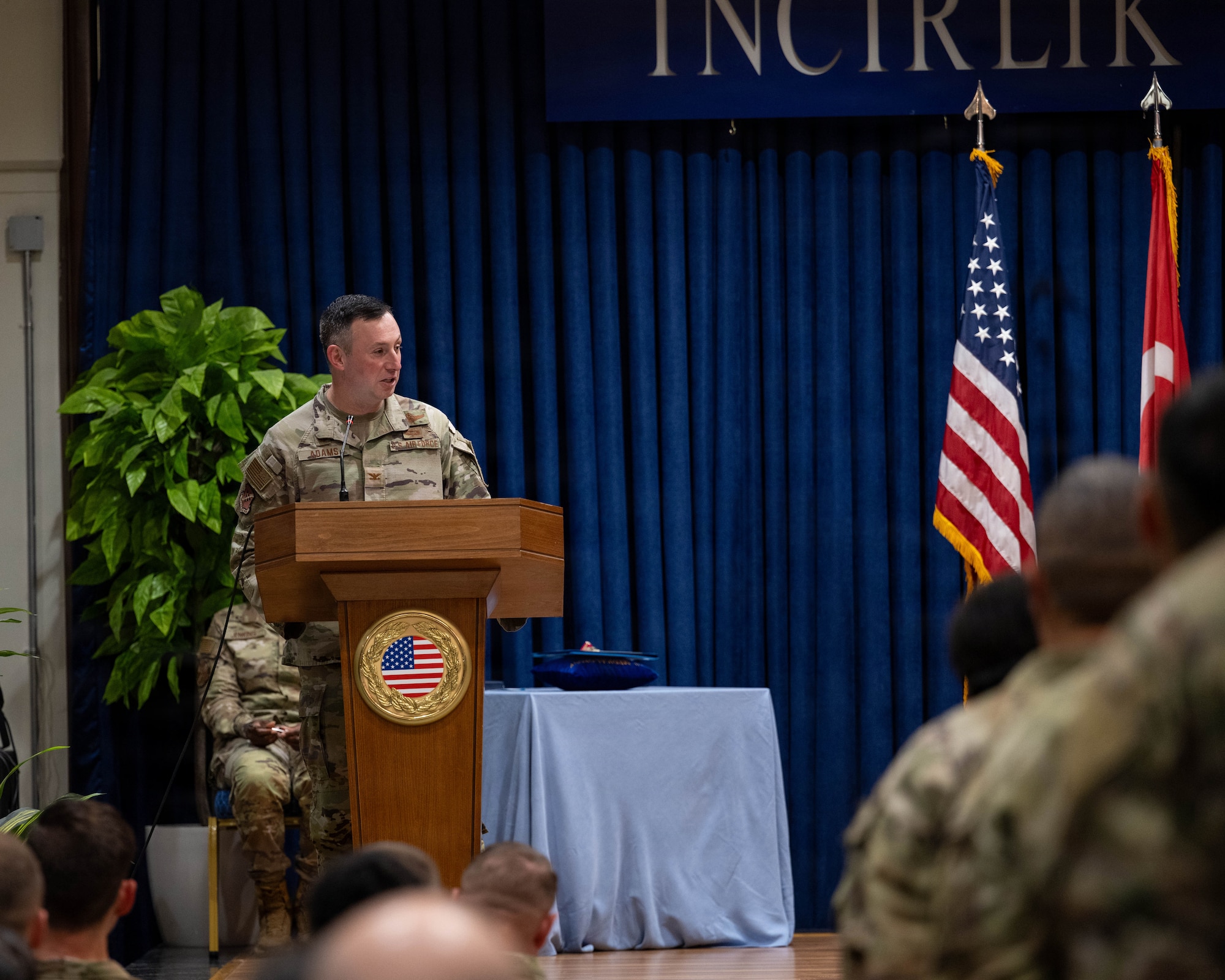 U.S. Air Force Col. Isaac Adams, 39th Air Base Wing commander, delivers remarks