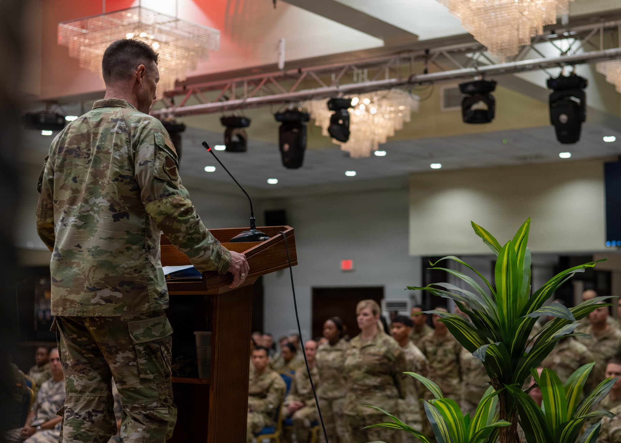 U.S. Air Force Col. Craig Rhyne, 39th Medical Group outgoing commander, delivers remarks
