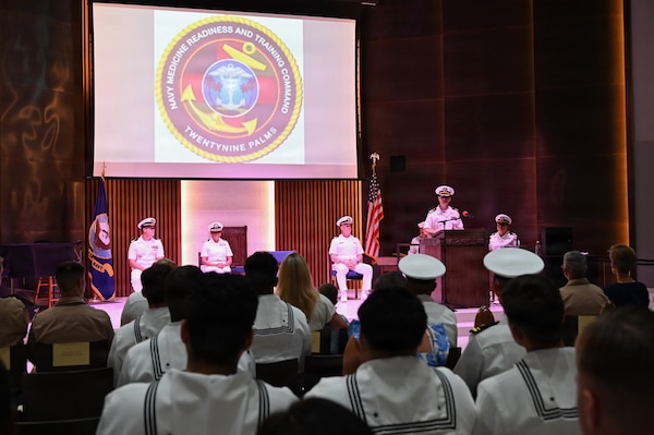 Cmdr. William “PJ” Martin, departing officer in charge of Navy Medicine Readiness and Training Unit China Lake, delivers remarks during a change of charge ceremony at Naval Air Weapons Station China Lake, California, July 10, 2026. (U.S. Navy photo by NAWS China Lake public affairs).