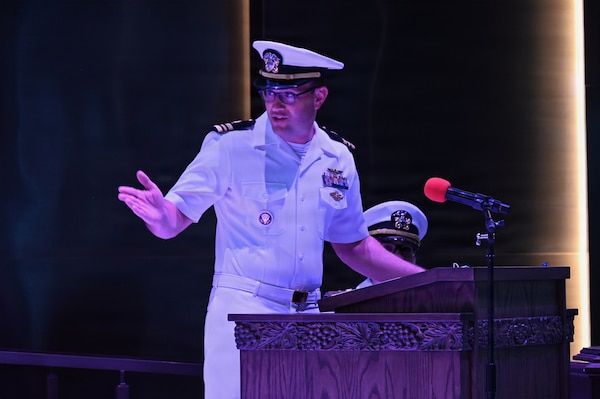 Lt. Cmdr. Alex R. Stulo, incoming officer in charge of Navy Medicine Readiness and Training Unit China Lake, delivers remarks during a change of charge ceremony at Naval Air Weapons Station China Lake, California, July 10, 2026. (U.S. Navy photo by NAWS China Lake public affairs).