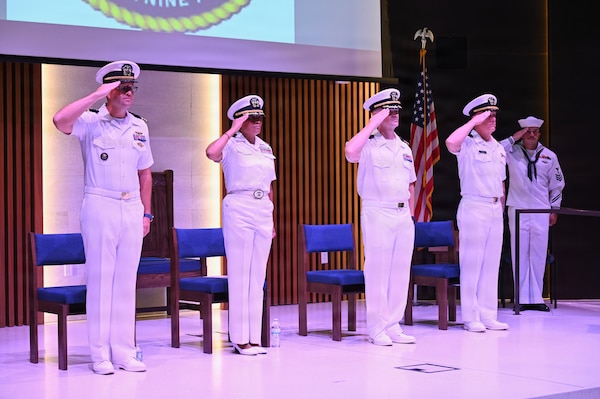 Lt. Cmdr. Alex R. Stulo (left), Capt. Janiese Cleckley (center), commanding officer of Navy Medicine Readiness and Training Command Twentynine Palms, and Cmdr. William “PJ” Martin (right) render honors during a change of charge ceremony for Navy Medicine Readiness and Training Unit China Lake at Naval Air Weapons Station China Lake, California, July 10, 2026. (U.S. Navy photo by NAWS China Lake public affairs).
