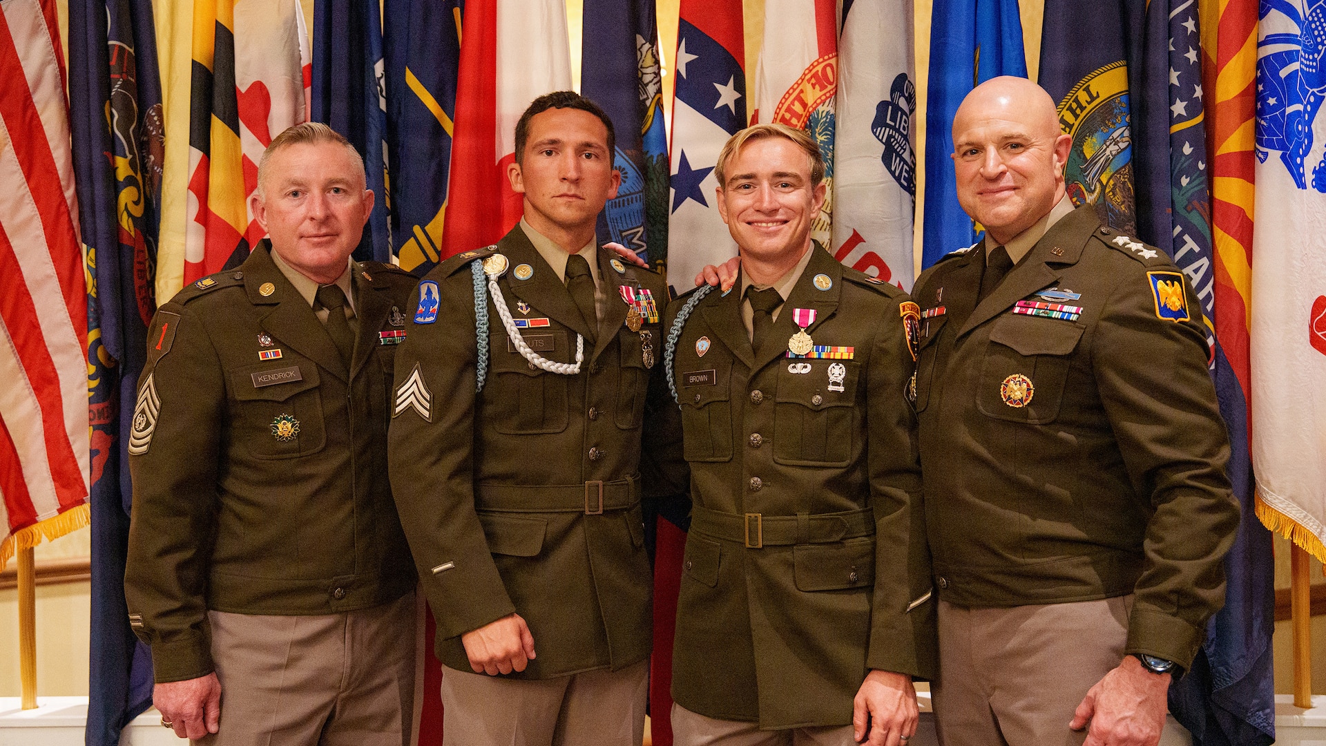 U.S. Army Command Sgt. Maj. Rodney Kendrick, left, the Army National Guard command sergeant major, poses with U.S. Army Sgt. Michael Fouts, representing the Arizona Army National Guard, U.S. Army Spc. Brandon Brown, representing the Florida Army National Guard, and U.S. Army Lt. Gen. Jonathan Stubbs, director of the Army National Guard, following the Army National Guard Best Warrior Competition awards ceremony at Camp Blanding Joint Training Center, Fla., July 15, 2026.