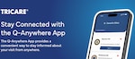 Screenshot of Q-Anywhere app on smartphone. Text reads: "TRICARE: Stay Connected with the Q-Anywhere App. The Q-Anywhere App provides a convenient way to stay informed about your visit from anywhere."
