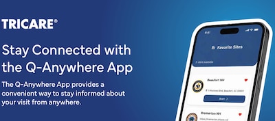Screenshot of Q-Anywhere app on smartphone. Text reads: "TRICARE: Stay Connected with the Q-Anywhere App. The Q-Anywhere App provides a convenient way to stay informed about your visit from anywhere."