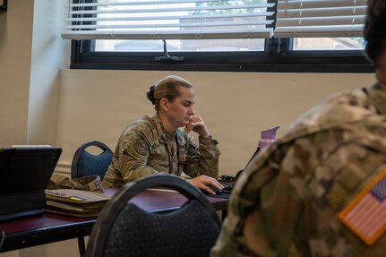 Air National Guard Staff Sgt. Erin Parkin, 137 Special Ops Communications, completes an exercise simulating a cybersecurity event during Cyber Shield 2026 at the Professional Education Center in Little Rock, Arkansas, July 13, 2026.