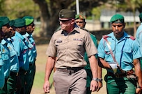 U.S. Army Brig. Gen. Brion J. Aderman, commander of the Wisconsin Army National Guard, conducts pass and review of U.S. Soldiers and Papua New Guinea Defense Force soldiers during the opening ceremony of Tamiok Strike 2026, on the parade field at Murray Barracks, Port Moresby, Papua New Guinea, July 13, 2026
