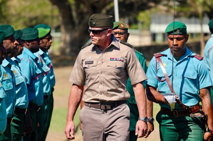 U.S. Army Brig. Gen. Brion J. Aderman, commander of the Wisconsin Army National Guard, conducts pass and review of U.S. Soldiers and Papua New Guinea Defense Force soldiers during the opening ceremony of Tamiok Strike 2026, on the parade field at Murray Barracks, Port Moresby, Papua New Guinea, July 13, 2026