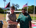U.S. Army Brig. Gen. Brion J. Aderman, commander of the Wisconsin Army National Guard, and Col. Bruno Malau, head of the Coordination Branch from the Papua New Guinea Defence Force, shake hands after the opening ceremony of Exercise Tamiok Strike 26 at Murray Barracks, Port Moresby, Papua New Guinea, July 13, 2026.