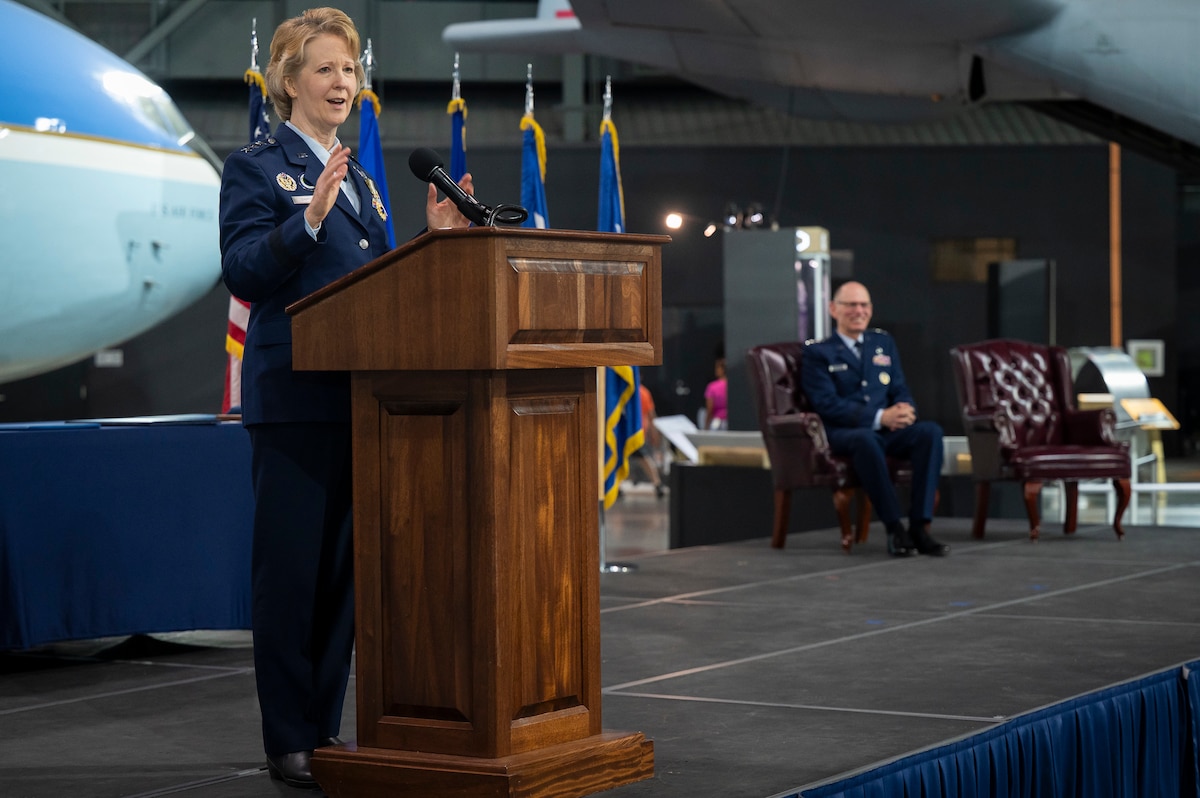 Female Air Force officer at podium
