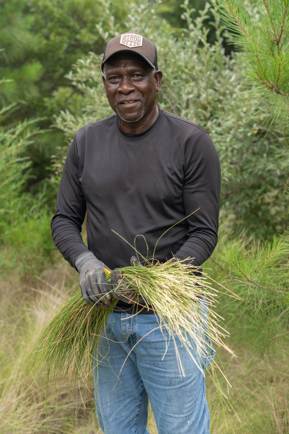 An individual holds sweetgrass, a native coastal perennial grass prized for its strength and flexibility, in his hands for the camera.