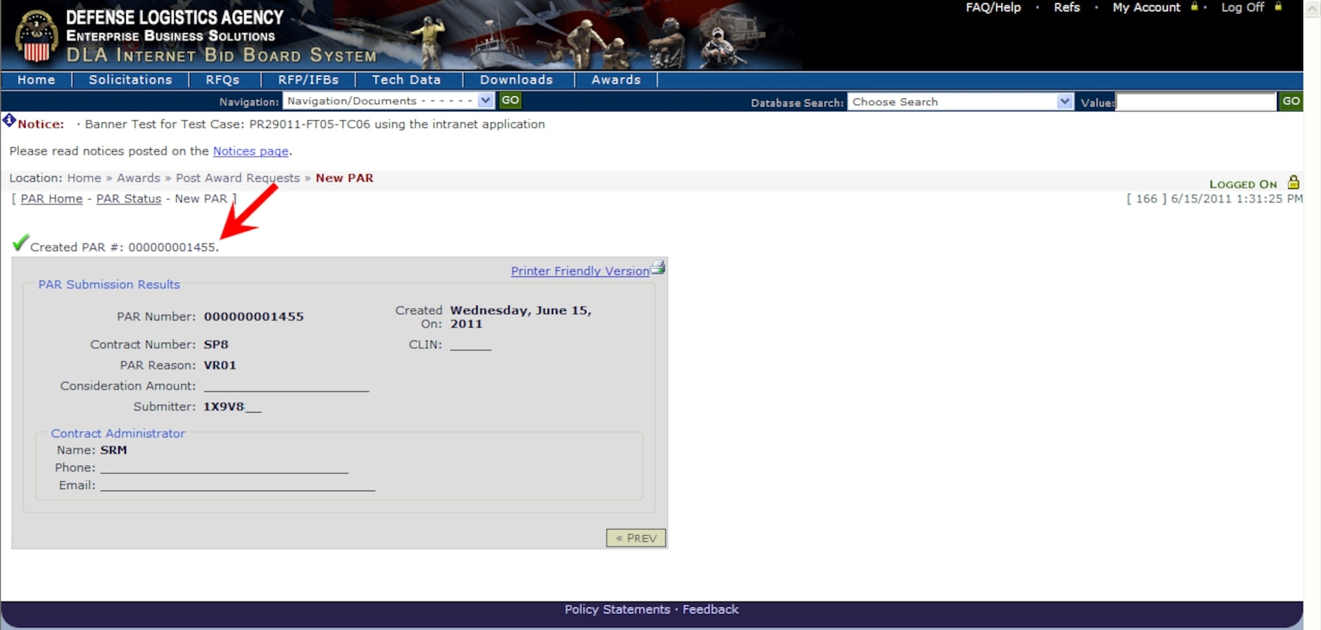 Graphic demonstrates the PAR submission confirmation number that appears after clicking the submit button.