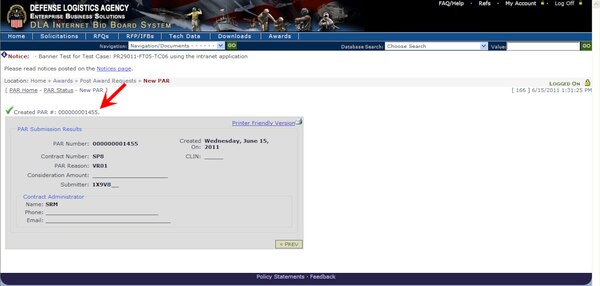 Graphic demonstrates the PAR submission confirmation number that appears after clicking the submit button.