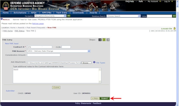 Graphic demonstrates clicking the submit button after filling in all PAR entry form fields.