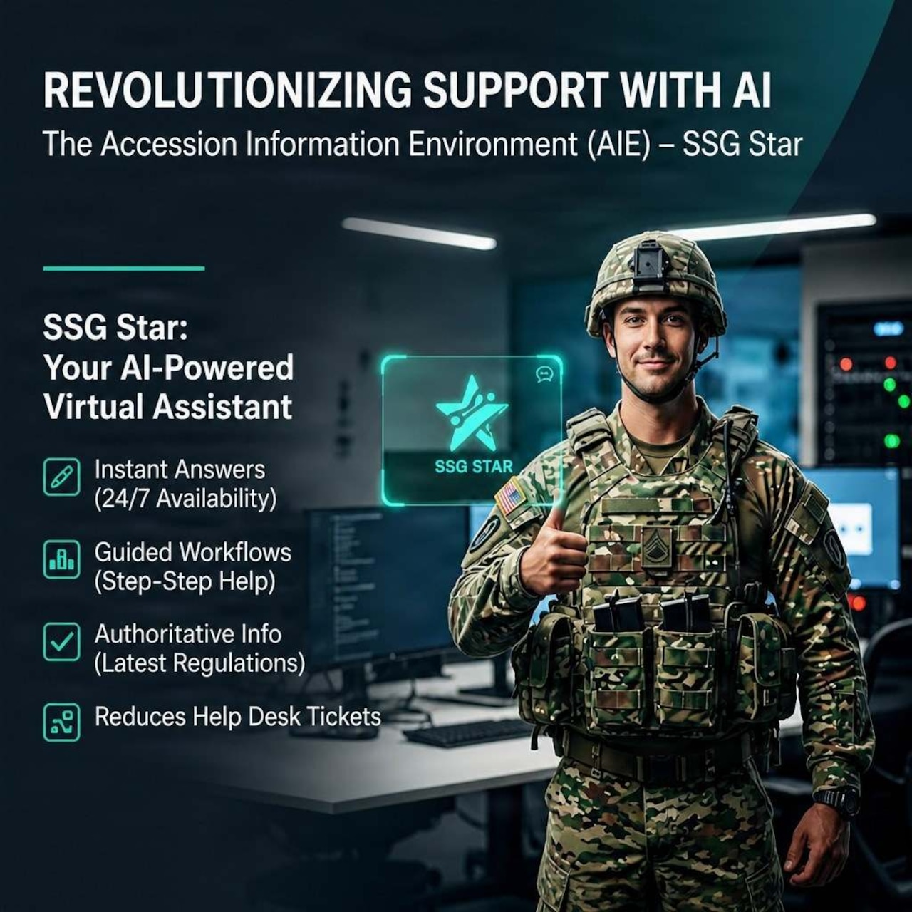 A graphic of a man wearing a camouflage military uniform explaining a new recruiting program.