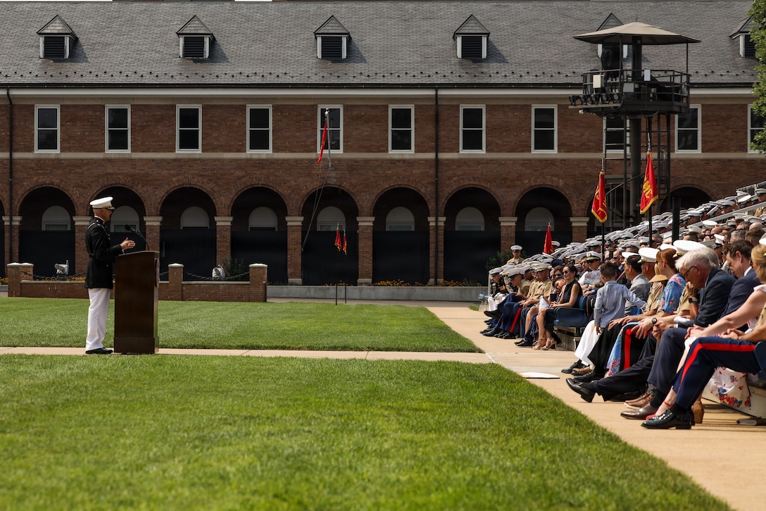 U.S. Marine Corps Col. Jason C. Copeland, incoming commanding officer of Marine Barracks Washington, delivers remarks during a change of command ceremony at Marine Barracks Washington, D.C., July 16, 2026. Copeland most recently served as the senior Marine Corps advisor for strategy and force development in the Office of the Under Secretary of Defense for Policy and has commanded Marines in combat, recruiting and infantry units, including Recruiting Station Baltimore and 3rd Battalion, 4th Marines. The ceremony took place as the “Oldest Post of the Corps” celebrates 225 years since its founding, a milestone that falls during America's 250th anniversary of independence and just one year after the Marine Corps 250th birthday. (U.S. Marine Corps photo by Lance Cpl. Landon Heredia)