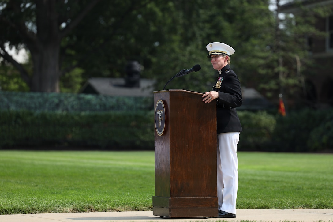 U.S. Marine Corps Col. Carrie C. Batson, outgoing commanding officer of Marine Barracks Washington, delivers remarks during a change of command ceremony at Marine Barracks Washington, D.C., July 16, 2026. Batson has served as commanding officer from 2024-2026, leading 8th & I through historic milestones including several multi-million-dollar renovation projects to improve installation functionality and Marine quality of life, alongside ceremonies for the 60th Presidential Inauguration and several state-funerals. The ceremony took place as the “Oldest Post of the Corps” celebrates 225 years since its founding, a milestone that falls during America's 250th anniversary of independence and just one year after the Marine Corps 250th birthday. (U.S. Marine Corps photo by Lance Cpl. Landon Heredia)
