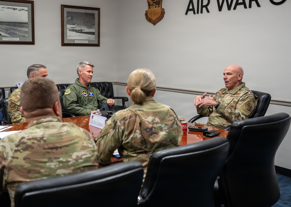 U.S. Air Force Lt. Gen. Clark J. Quinn, commander of Air Education and Training Command, speaks with Air University senior leaders at Maxwell Air Force Base, Alabama, June 3, 2026.