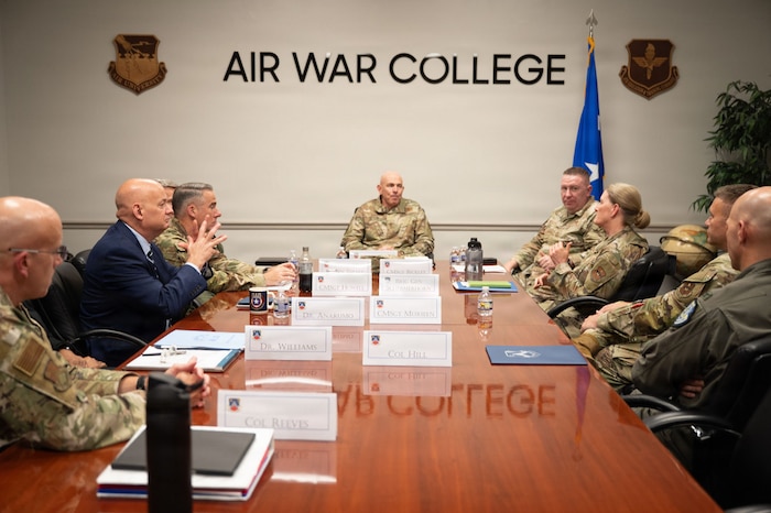 U.S. Air Force Brig. Gen. Jocelyn Schermerhorn,
commander of Air War College and Lt. Gen. Clark J.
Quinn, commander of Air Education and Training
Command, and other leaders talk about an
overview of the curriculum changes of AWC at
Maxwell Air Force Base, Alabama, June 3, 2026