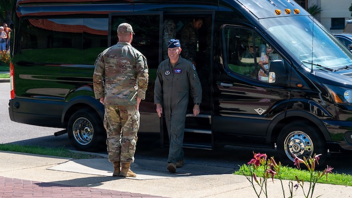 U.S. Air Force Col. Nathan Williams, 42d Mission
Support Group commander, greets Lt. Gen. Clark J.
Quinn, commander of Air Education and Training
Command, before a meeting with Maxwell
leadership at Maxwell Air Force Base, Alabama,
June 5, 2026.