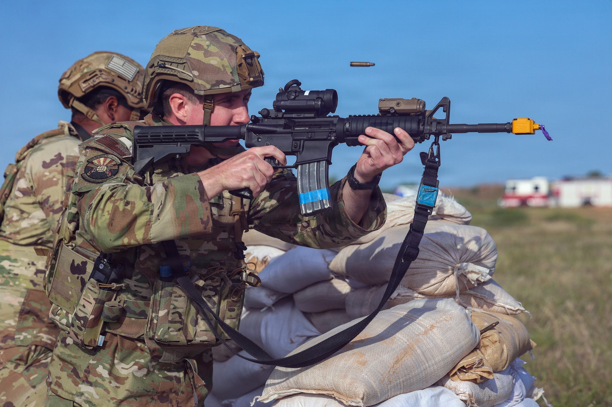 U.S. Air Force Tech. Sgt. Arthur Bunting, 82nd Security Forces Squadron noncommissioned officer in charge of pass and registration, fires his weapon during the culminating event of Silent Whisper at Sheppard Air Force Base, Texas, May 8, 2026.