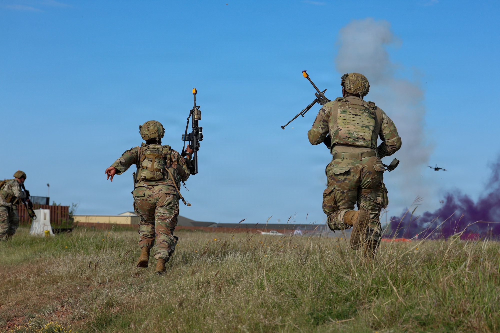 U.S. Air Force Airmen assigned to the 82nd Security Forces Squadron move to a new defensive position during the culminating event of Silent Whisper at Sheppard Air Force Base, Texas, May 8, 2026.