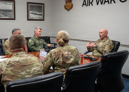 U.S. Air Force Lt. Gen. Clark J. Quinn, commander of Air Education and Training Command, speaks with Air University senior leaders at Maxwell Air Force Base, Alabama, June 3, 2026.