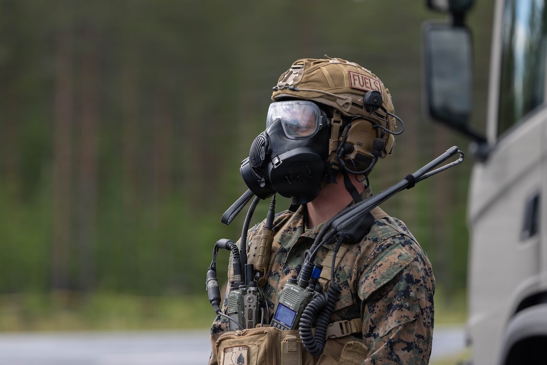 U.S. Marine Corps Sgt. Bradley Denison, from Virginia, an expeditionary fuels technician with Marine Wing Support Squadron (MWSS) 272, Marine Air Control Group 28, 2nd Marine Aircraft Wing, conducts forward arming and refueling point operations in a simulated chemical biological radiological and nuclear environment during exercise Ramstein Flag 2026 in Tervo, Finland, June 10, 2026. RAFL26 is NATO’s premier multi-domain tactical exercise involving 19 nations and over 15 operational locations. The exercise provides realistic combat scenarios in complex environments and is designed to enhance the Alliance’s deterrence and collective defense. (U.S. Marine Corps photo by Cpl. Mya Seymour)