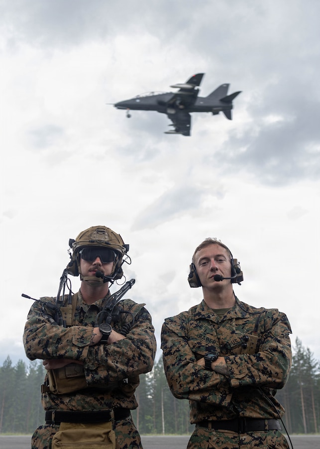 U.S. Marine Corps Sgt. Bradley Denison, left, from Virginia, and Sgt. Tristan Baber, from Massachusetts, both expeditionary fuels technicians with Marine Wing Support Squadron (MWSS) 272, Marine Air Control Group 28, 2nd Marine Aircraft Wing, pose for a photo during exercise Ramstein Flag 2026 in Tervo, Finland, June 10, 2026. RAFL26 is NATO’s premier multi-domain tactical exercise involving 19 nations and over 15 operational locations. The exercise provides realistic combat scenarios in complex environments and is designed to enhance the Alliance’s deterrence and collective defense. (U.S. Marine Corps photo by Cpl. Mya Seymour)
