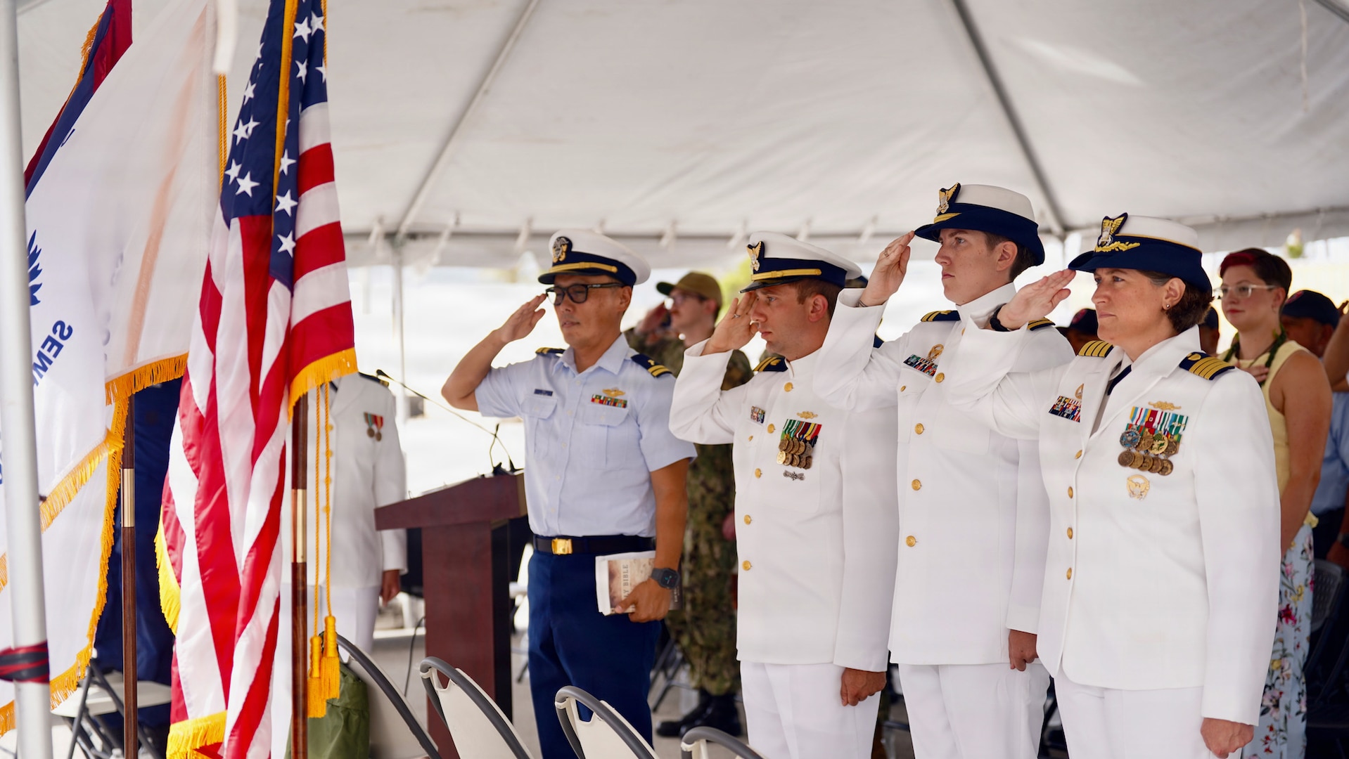 Lt. Drew Lovullo assumes command of USCGC Myrtle Hazard (WPC 1139) from Lt. Emma Saunders in a change of command ceremony on Victor Wharf in Guam on July 17, 2026. Capt. Jessica Worst, commander of U.S. Coast Guard Forces Micronesia/Sector Guam, presided over the ceremony. Under Saunders' command, Myrtle Hazard’s crew recently delivered roughly 20,000 pounds of relief supplies to five islands across the Commonwealth of the Northern Mariana Islands after Super Typhoon Sinlaku, carrying the mayor of Agrihan and Pagan to his constituents and moving equipment for Navy partners. Weeks later, after Super Typhoon Bavi, the crew ferried aids to navigation and Navy Explosive Ordnance Disposal teams across the Marianas, running sonar assessments off Rota and supporting the assessments that reopened the ports of Tinian and Rota. (U.S. Coast Guard photo by Lt. Sara Muir)