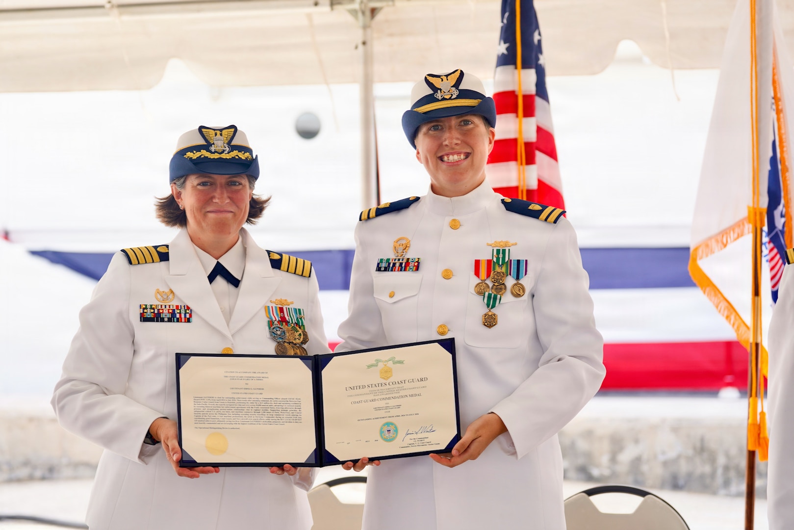 Lt. Drew Lovullo assumes command of USCGC Myrtle Hazard (WPC 1139) from Lt. Emma Saunders in a change of command ceremony on Victor Wharf in Guam on July 17, 2026. Capt. Jessica Worst, commander of U.S. Coast Guard Forces Micronesia/Sector Guam, presided over the ceremony. Under Saunders' command, Myrtle Hazard’s crew recently delivered roughly 20,000 pounds of relief supplies to five islands across the Commonwealth of the Northern Mariana Islands after Super Typhoon Sinlaku, carrying the mayor of Agrihan and Pagan to his constituents and moving equipment for Navy partners. Weeks later, after Super Typhoon Bavi, the crew ferried aids to navigation and Navy Explosive Ordnance Disposal teams across the Marianas, running sonar assessments off Rota and supporting the assessments that reopened the ports of Tinian and Rota. (U.S. Coast Guard photo by Lt. Sara Muir)