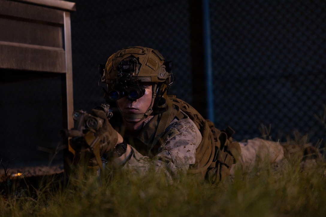 A U.S. Marine participates in nighttime training in the U.S. Central Command area of responsibility, June 21, 2026. (U.S. Marine Corps photo by Cpl. Oliver Nisbet)