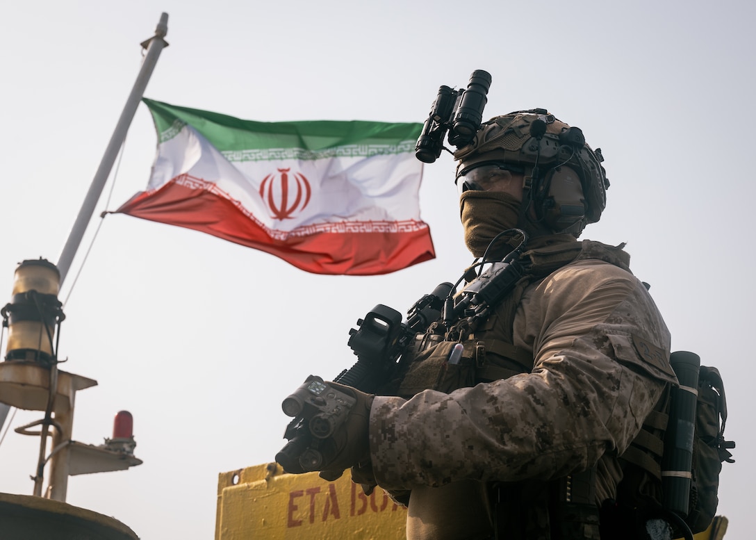 U.S. Marines from the 11th Marine Expeditionary Unit conduct a verification boarding aboard M/T Wen Yao in the Gulf of Oman, July 16, 2026. (U.S. Marine Corps Photo)