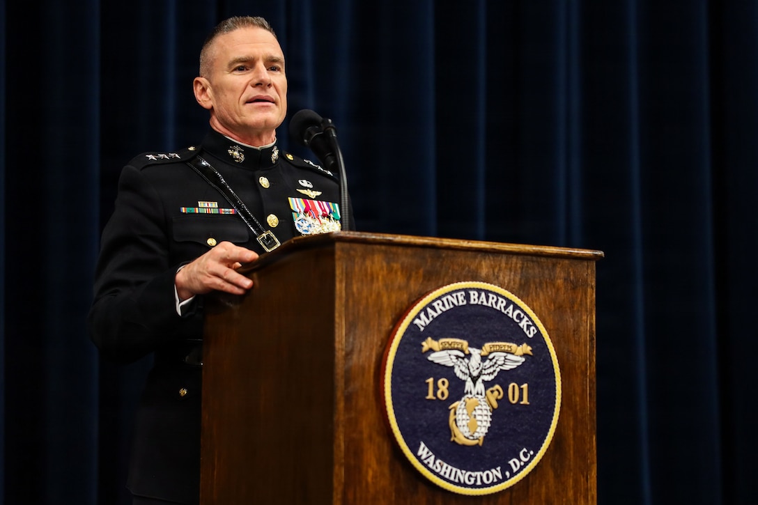 DIA Director Lt. Gen. James Adams speaks at the reception prior to the Marine Barracks Parade in Washington, D.C., July 10, 2026 (U.S. Marine Corps photo by Lance Cpl. Landon Heredia).