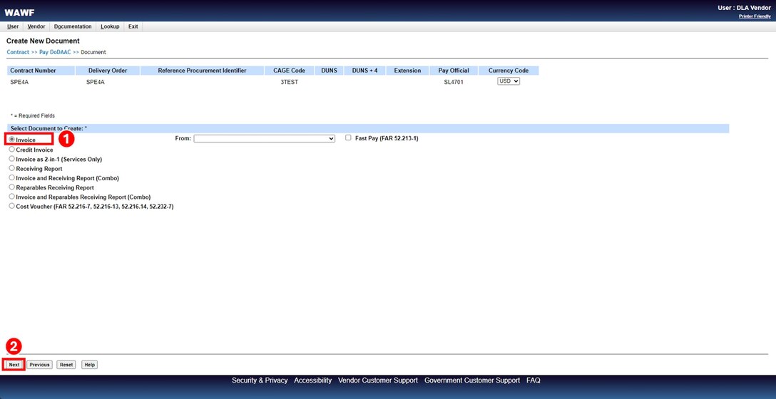 Under the Select Document to Create section, select the radio button next to Invoice and select Next.