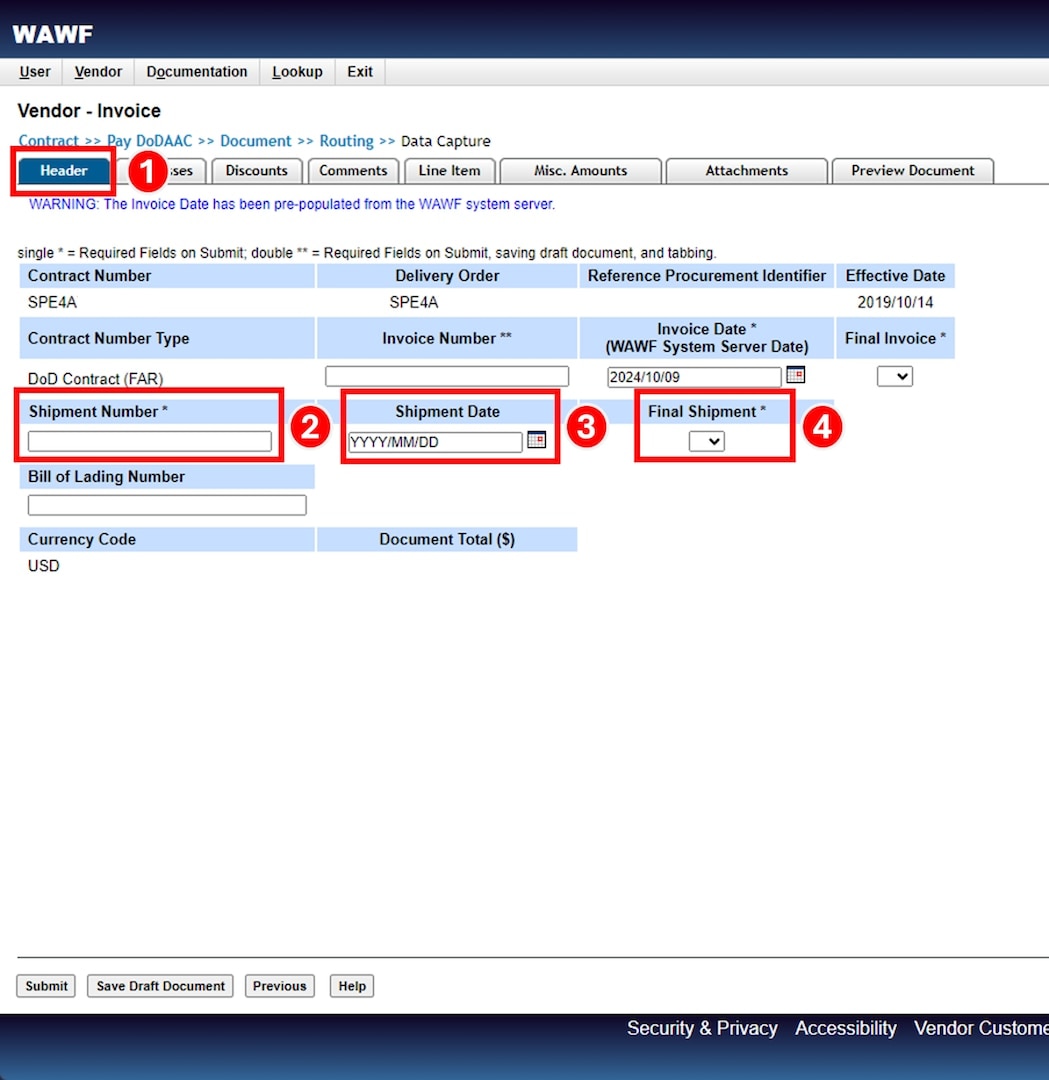 Enter Shipment Number and Shipment Date.