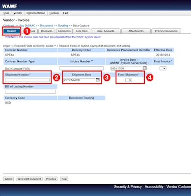 Enter Shipment Number and Shipment Date.