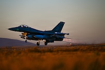 An F-16 Fighting Falcon takes off from a base within the U.S. Central Command area of responsibility, June 23, 2026. The aircraft supports combat operations by providing rapid, precision strike capability and defending coalition forces across the region. (U.S. Air Force photo by Tech. Sgt. Noah J. Tancer)