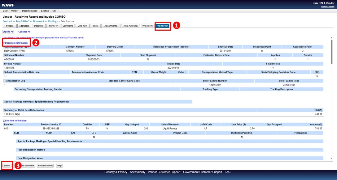 Steps to take in the Combo Invoicing Process to create and submit an invoice (payment request) and a receiving report simultaneously.