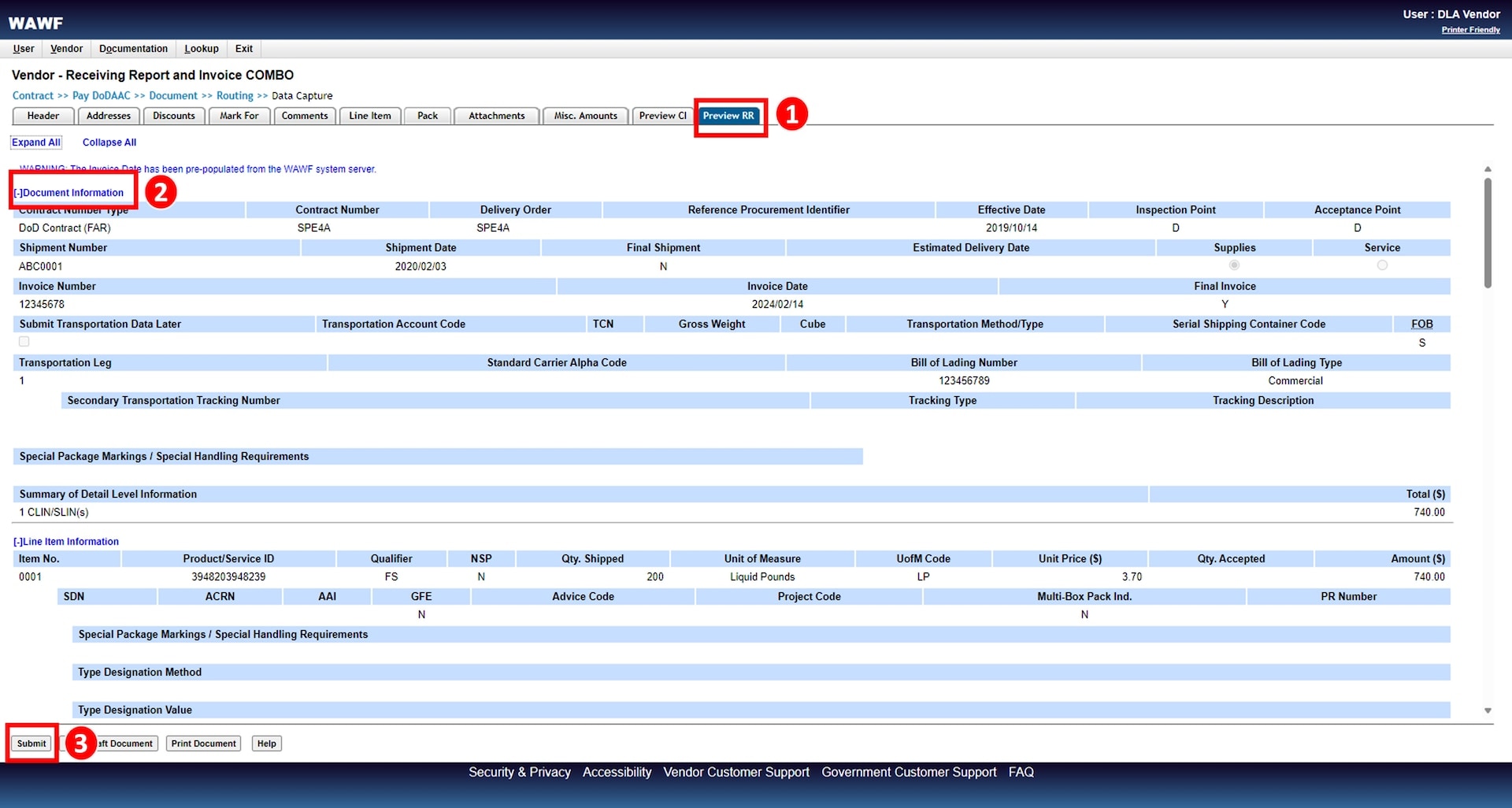 Steps to take in the Combo Invoicing Process to create and submit an invoice (payment request) and a receiving report simultaneously.