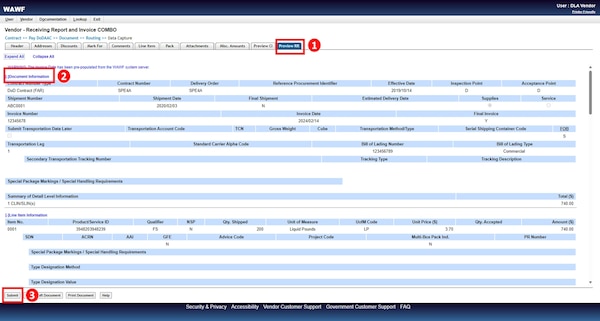 Steps to take in the Combo Invoicing Process to create and submit an invoice (payment request) and a receiving report simultaneously.