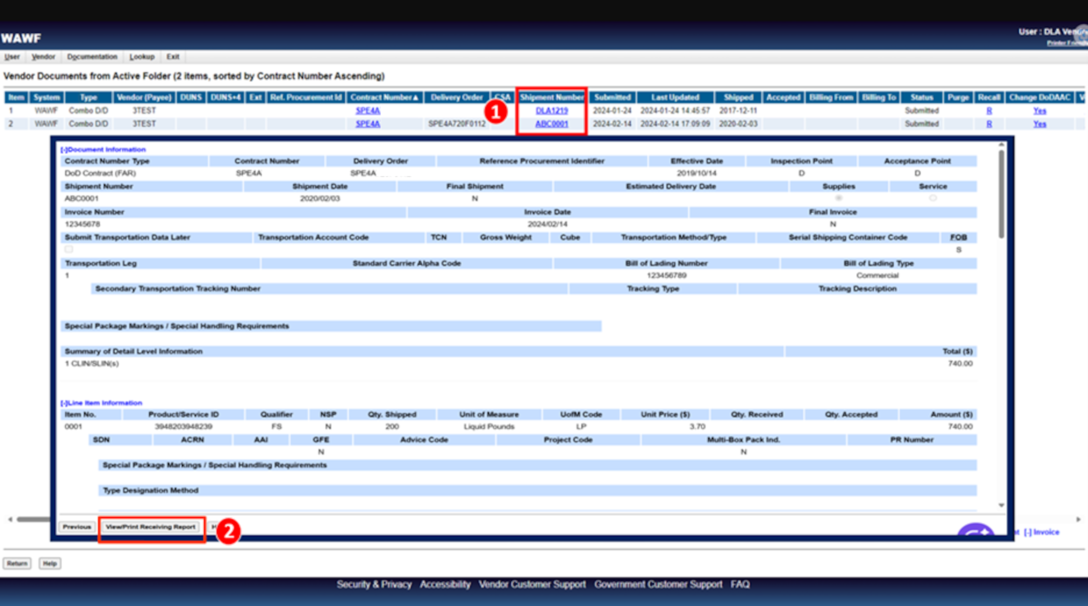 Vendors are able to print DD250s (Receiving Reports) from the Wide Area Workflow (WAWF). When on the Vendor Documents from Active Folder screen select the linked document(s) from the Shipment Number heading and then select the View/Print Receiving Report.