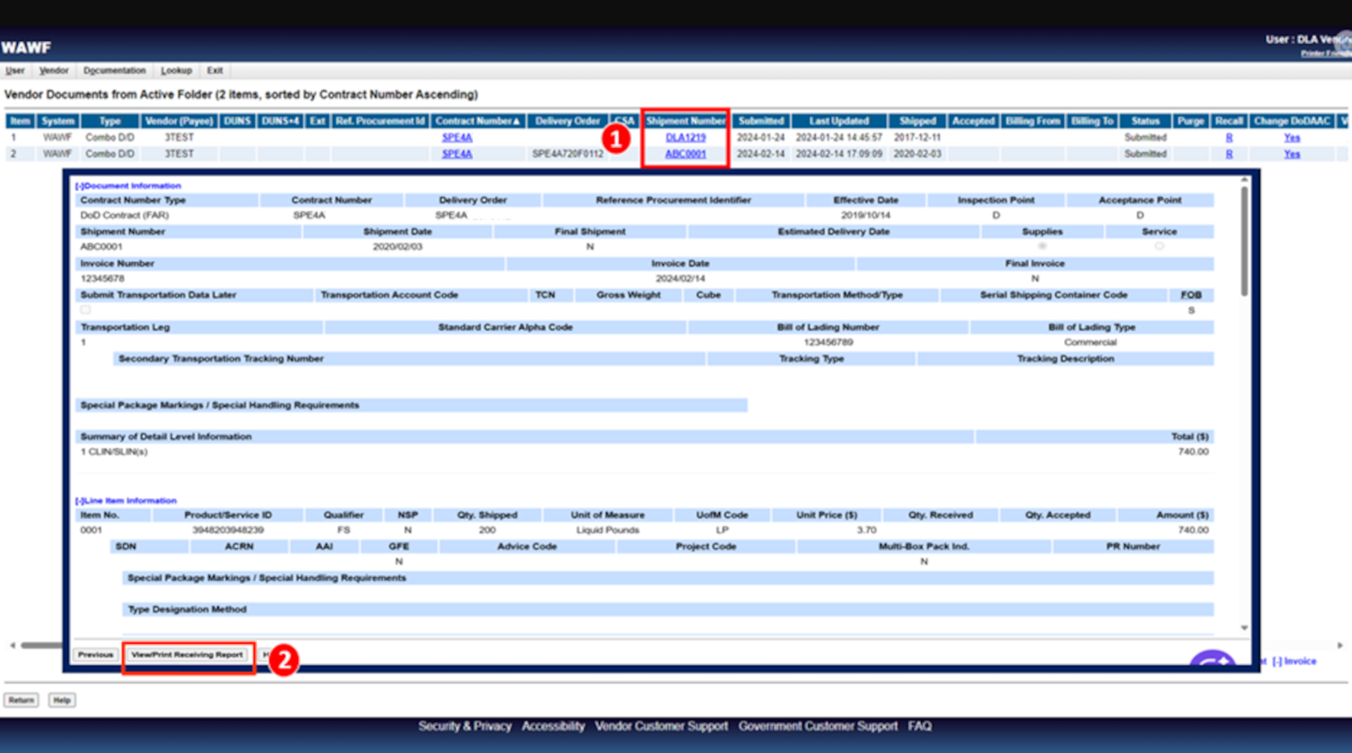 Vendors are able to print DD250s (Receiving Reports) from the Wide Area Workflow (WAWF). When on the Vendor Documents from Active Folder screen select the linked document(s) from the Shipment Number heading and then select the View/Print Receiving Report.