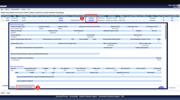 Vendors are able to print DD250s (Receiving Reports) from the Wide Area Workflow (WAWF). When on the Vendor Documents from Active Folder screen select the linked document(s) from the Shipment Number heading and then select the View/Print Receiving Report.