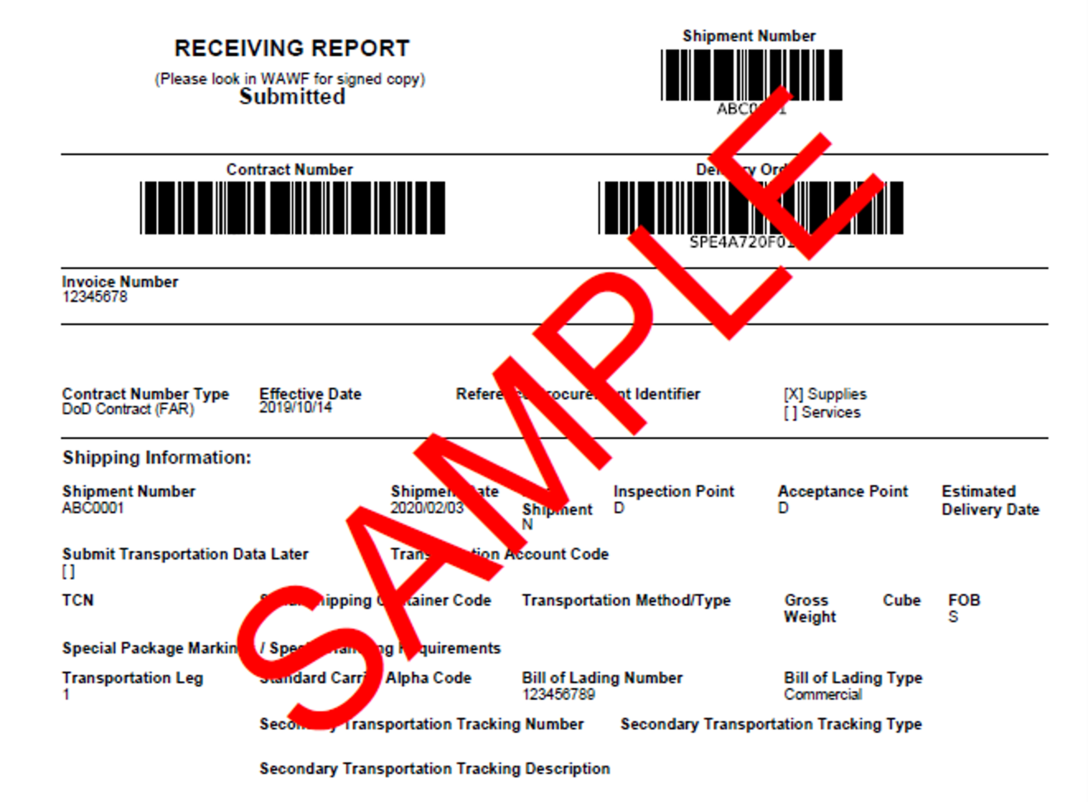 Example of a DD250 Receiving Report
