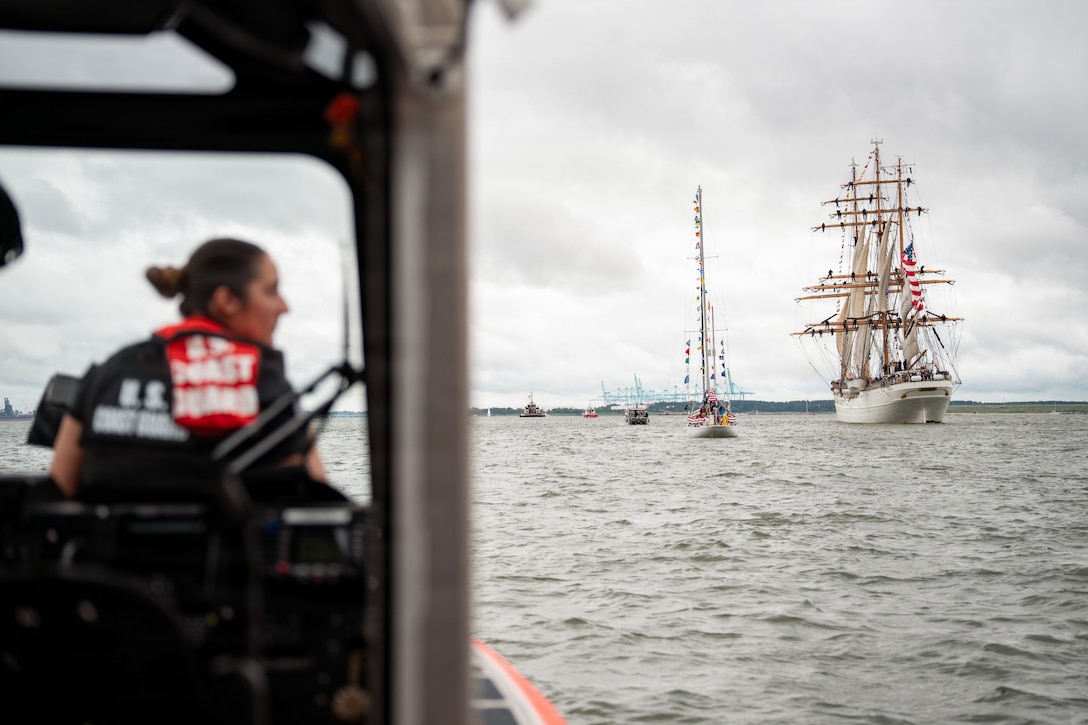 The U.S. Coast Guard Cutter Eagle (WIX 327), America's Tall Ship, leads the Parade of Sail as participating vessels transit the Elizabeth River during Sail250 Virginia in Norfolk, Virginia, June 19, 2026. The Coast Guard served as the lead federal agency responsible for maritime safety and security during the commemoration of America's 250th anniversary. (U.S. Coast Guard photo by Petty Officer 2nd Class Matthew Thieme)