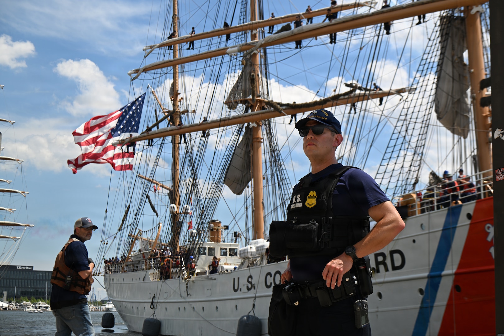U.S. Coast Guard Cutter Eagle sails into Baltimore Harbor for the start of Sail250 Maryland, June 25, 2026. Eagle’s primary mission is to serve as a training vessel for future Coast Guard officers. (U.S. Coast Guard Photo by Petty Officer 2nd Class Christopher Bokum)