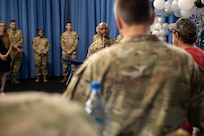 Command chief speaks to attendees at the Technical Sergeant release party.