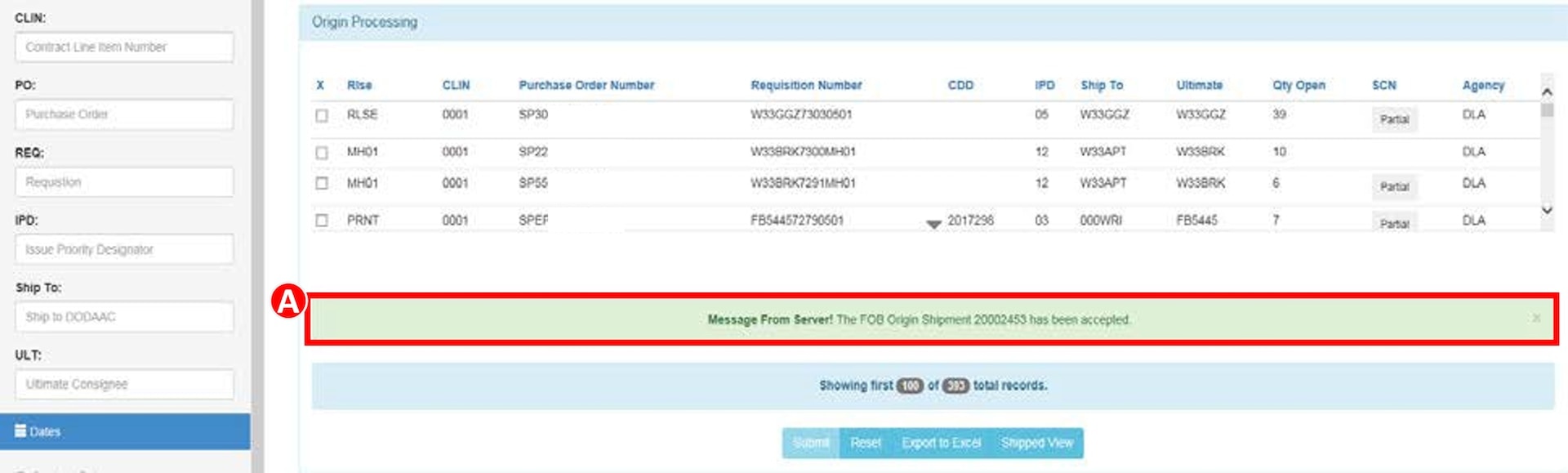 Confirm which contracts in Vendor Shipment Module need a Military Shipping Label, select the Item Labels radio button and submit information.