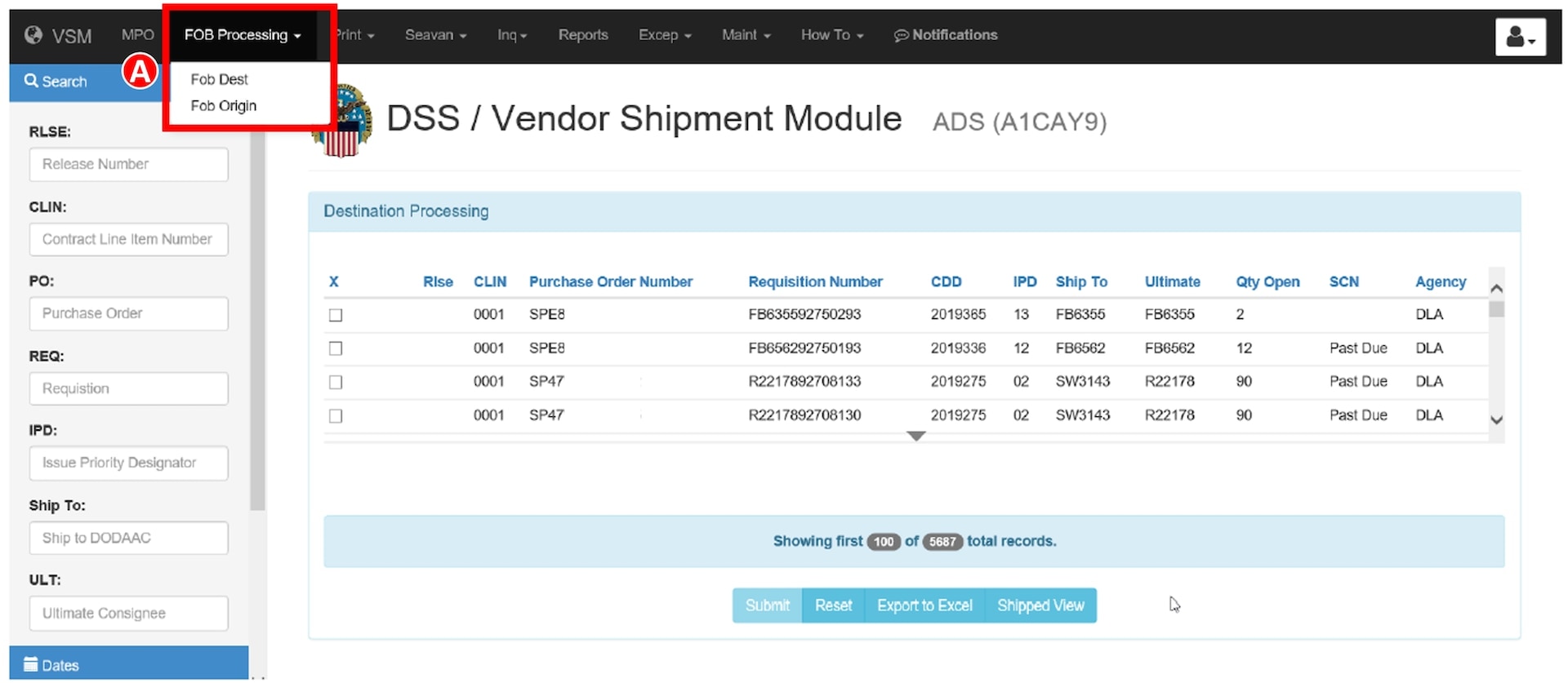 Once logged into Vendor Shipment Module select either FOB Destination or Origin Processing to then see associated contracts for viewing.